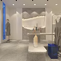 Modern Clothing Store Open Space White Walls Gray Floors Racks Display Counter Spiral Staircase