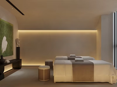 Relaxing SPA Sauna Interior With Two Beds Towels Warm Lighting And Wall Painting 3d model