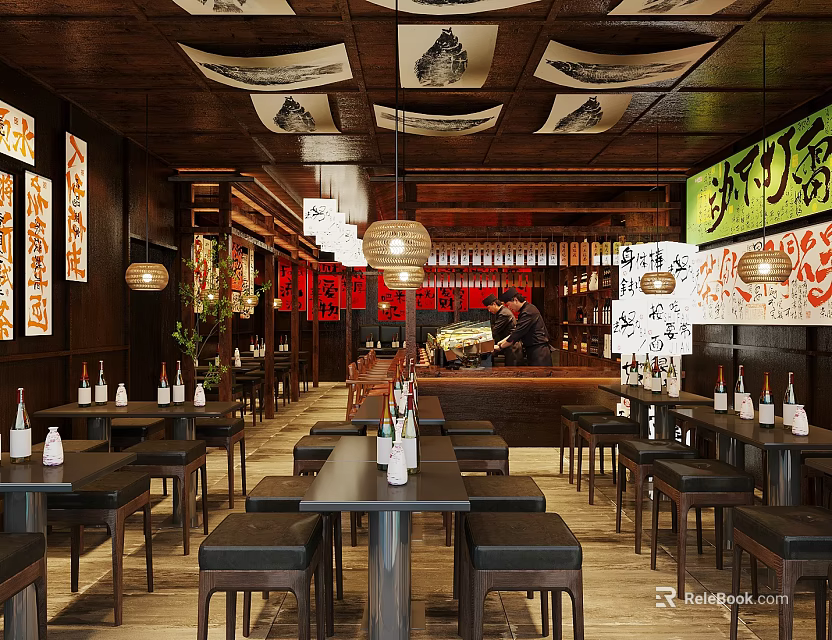 Authentic Japanese Restaurant Interior With Bar Counter Pendant Lights And Wall Decorations 3d model 