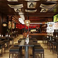 Authentic Japanese Restaurant Interior With Bar Counter Pendant Lights And Wall Decorations
