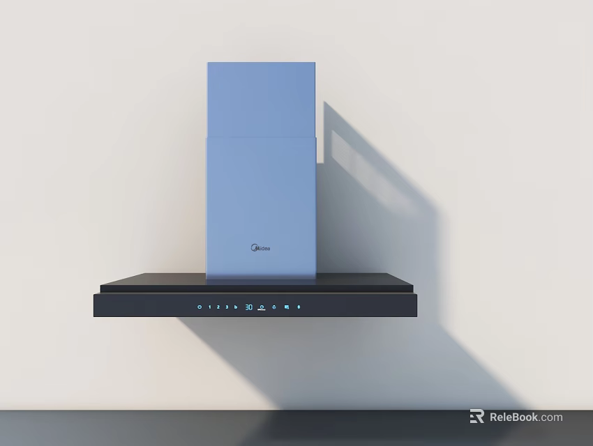 Midea Kitchen Range Hood With Blue Body Black Base On White Wall And Black Countertop 3d model 
