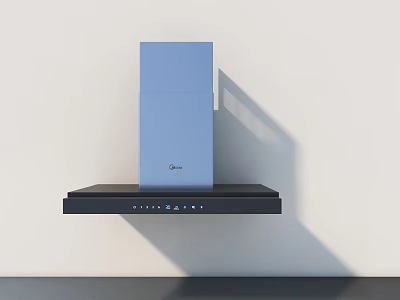 Midea Kitchen Range Hood With Blue Body Black Base On White Wall And Black Countertop 3d model