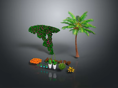 Green Ornamental Shrubs Palm Tree and Various Plants with Orange Fruits White Pots and Succulents 3d model