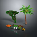 Green Ornamental Shrubs Palm Tree and Various Plants with Orange Fruits White Pots and Succulents