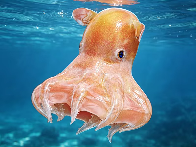 Vibrant Orange Deep Sea Squid With Large Blue Eyes And Frilled Tentacles 3d model