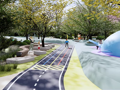Beautiful Park Landscape With Colorful Track Children Riding Bikes Green Trees And Stone Benches 3d model