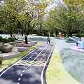 Beautiful Park Landscape With Colorful Track Children Riding Bikes Green Trees And Stone Benches