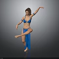 Belly Dancer In Blue Outfit Performing Solo Dance On Gray Background