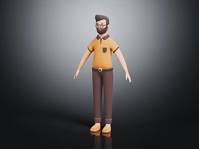 3D Male Character in Orange Polo Shirt and Brown Pants with Glasses on Gray Background 3d model