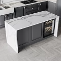 Modern Kitchen Interior With Black White Cabinetry Marble Island Countertops And Wine Rack