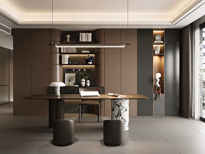 Modern Study Room Interior With Cabinets Bookshelves Large Desk Decor Pendant Light And Natural Light 3d model