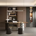 Modern Study Room Interior With Cabinets Bookshelves Large Desk Decor Pendant Light And Natural Light