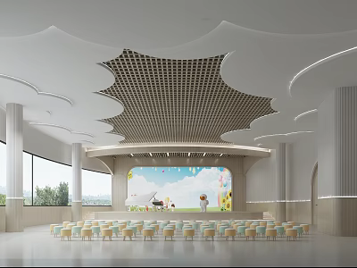 Spacious Modern Conference Room With Wavy White Ceiling Grid And Colorful Cartoon Screen Arranged Chairs 3d model