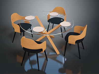 Modern Dining Furniture Set With Round Glass Table And Black Cushioned Wooden Chairs 3d model