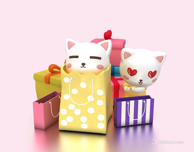 Cute Cartoon Cats Surrounded By Colorful Shopping Bags And Gift Boxes 3d model 