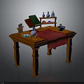 Vintage Wooden Table Setup with Green Book Red Cloth Bottles Mortar and Fruits