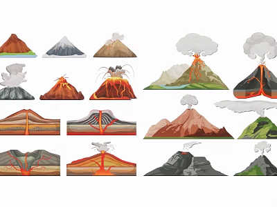 Different Styles Volcano Pendants Featuring Erupting Smoke and Cross Section Designs 3d model
