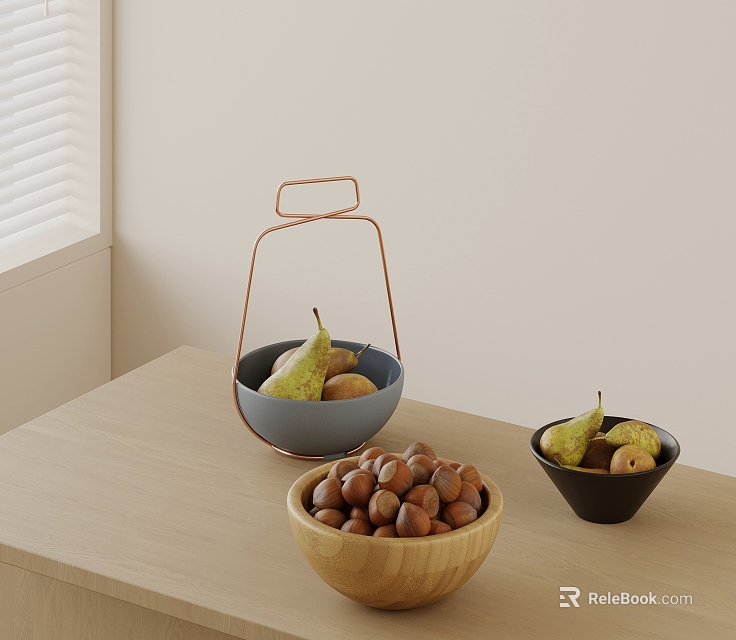 Minimalist Interior With Wooden Table And Bowls Of Fruits Nuts 3d model 