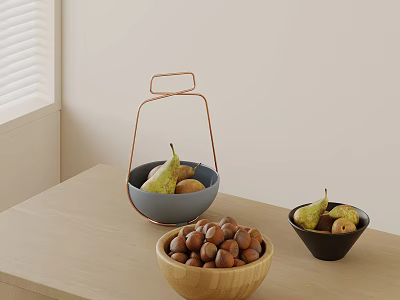 Minimalist Interior With Wooden Table And Bowls Of Fruits Nuts 3d model