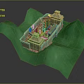 Cartoon Scene Featuring Small Building Structure Green Hills Steps And Decorative Columns