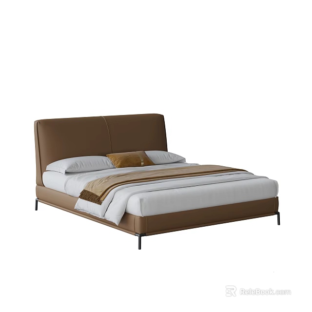Modern Double Bed With Brown Leather Headboard And White Mattress Sheets 3d model