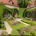 Modern Garden With Ivy Covered Buildings Red Roofs Colorful Flowers And Stone Paths