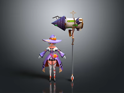 Magical Witch Character In Purple Outfit With Pointed Hat And Large Ornate Staff Weapon 3d model