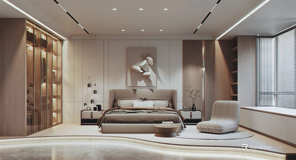Modern Bedroom Interior Design With Soft Tones Wooden Elements Bed Nightstands Chair And Artwork 3d model 