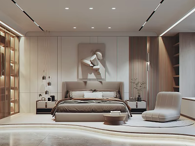 Modern Bedroom Interior Design With Soft Tones Wooden Elements Bed Nightstands Chair And Artwork 3d model