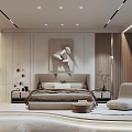 Modern Bedroom Interior Design With Soft Tones Wooden Elements Bed Nightstands Chair And Artwork