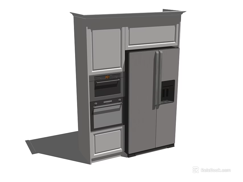 Modern Gray Kitchen Cabinets With Integrated Refrigerator And Oven Design 3d model 