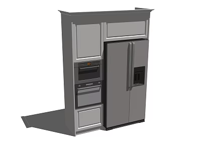 Modern Gray Kitchen Cabinets With Integrated Refrigerator And Oven Design 3d model