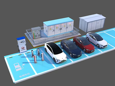Electric Vehicle Charging Station with Multiple Parking Bays and Charging Piles for Cars 3d model