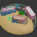 Green Vans on Circular Sandy Ground with Blue Folding Chair Green Plant and Gray Structure