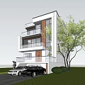 Modern Detached House Exterior With Large Windows Wooden Accents Balconies Garage And Lawn