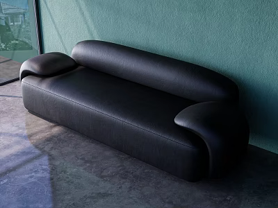 Black Leather Three Seater Sofa In Modern Minimalist Room With Green Wall And Concrete Floor 3d model
