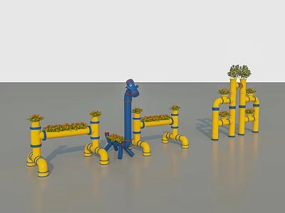 Creative Yellow Pipe Sculpture Installation With Blue Figure And Green Plants 3d model