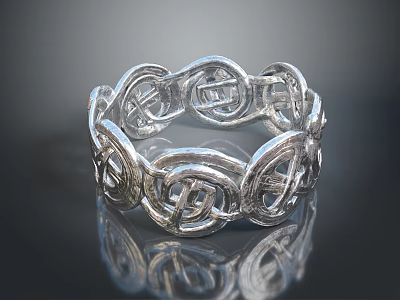 Elegant Silver Ring Featuring Intricate Intertwined Celtic Knot Design Patterns 3d model