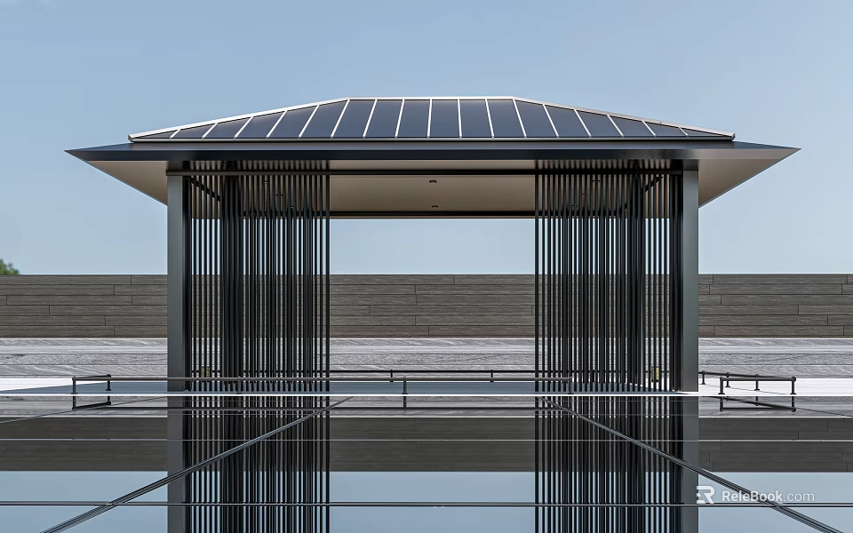 Modern Pavilion With Solar Panel Roof Vertical Black Columns And Reflective Floor Against Blue Sky 3d model 