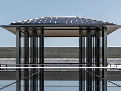 Modern Pavilion With Solar Panel Roof Vertical Black Columns And Reflective Floor Against Blue Sky 3d model