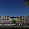 Modern Office Building With Red Brick And Glass Curtain Wall Plaza Trees And Blue Sky
