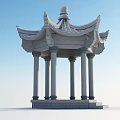 Chinese Garden Landscape Featuring Traditional Stone Pavilion with Curved Eaves and Columns Against Blue Sky