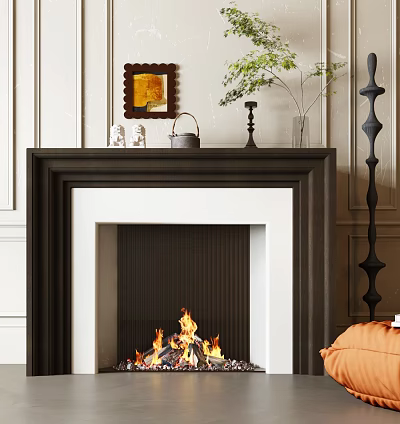 Modern Dark Framed Fireplace With Burning Flames And Decorative Items On Mantel 3d model