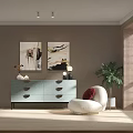 Elegant Modern Console Cabinet With Drawers Wall Art Table Lamp Accent Chair And Potted Plant