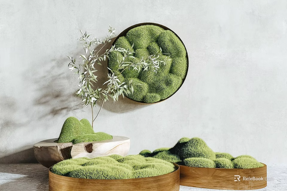 Indoor Bonsai Plant Decoration With Green Moss Circular Design And Wooden Containers 3d model 