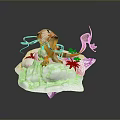 Fantasy Orange White Striped Character With Green Plants Red Ribbons On White Platform