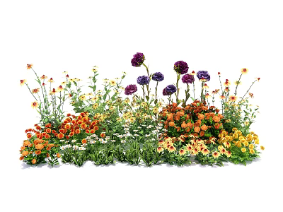 Colorful Mixed Flowers And Grass With Purple Orange Yellow Blooms And Lush Green Foliage 3d model