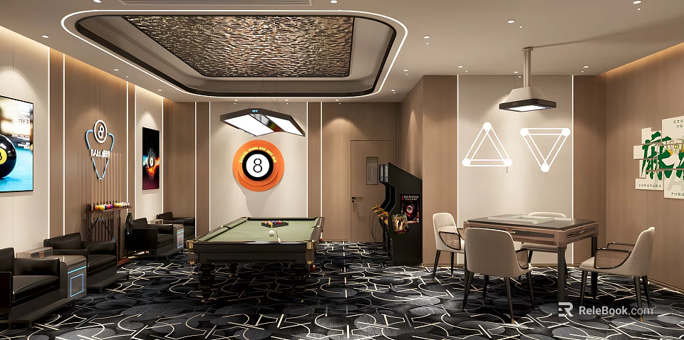 Contemporary Billiard Room Interior With Billiard Table Number 8 Ball Sign And Patterned Carpet 3d model 