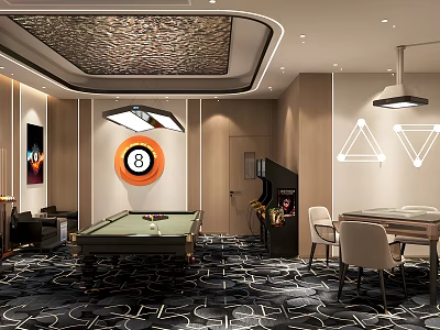 Contemporary Billiard Room Interior With Billiard Table Number 8 Ball Sign And Patterned Carpet 3d model