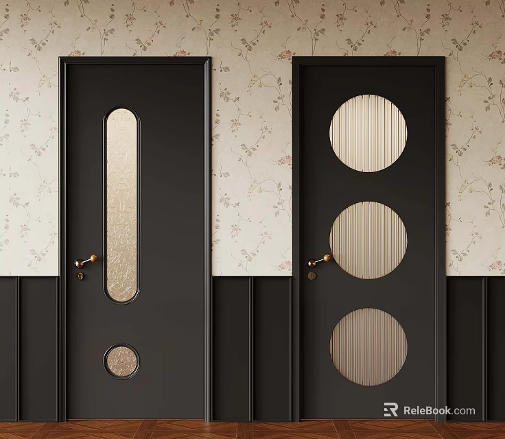 Black Doors With Glass Panels Against Floral Wallpaper And Dark Wainscoting Interior 3d model 